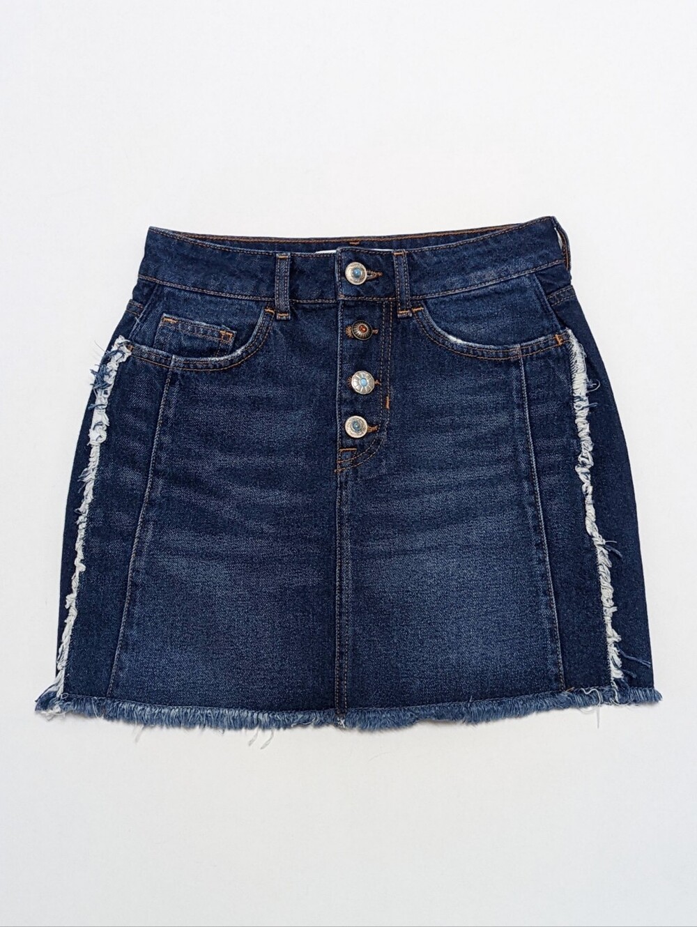 ZARA Z1975 DENIM Distressed Blue Jean Mini Skirt Frayed With Gem Buttons Size XS - Picture 2 of 12